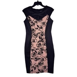 Enfocus Studio Black and Nude Flocked Roses Sheath Dress Womens size 6
